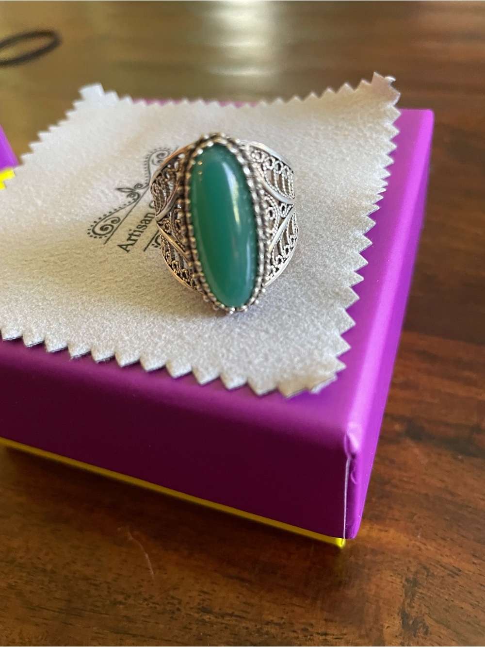 Antique-Inspired Silver Filigree Ring with Green Oval Stone